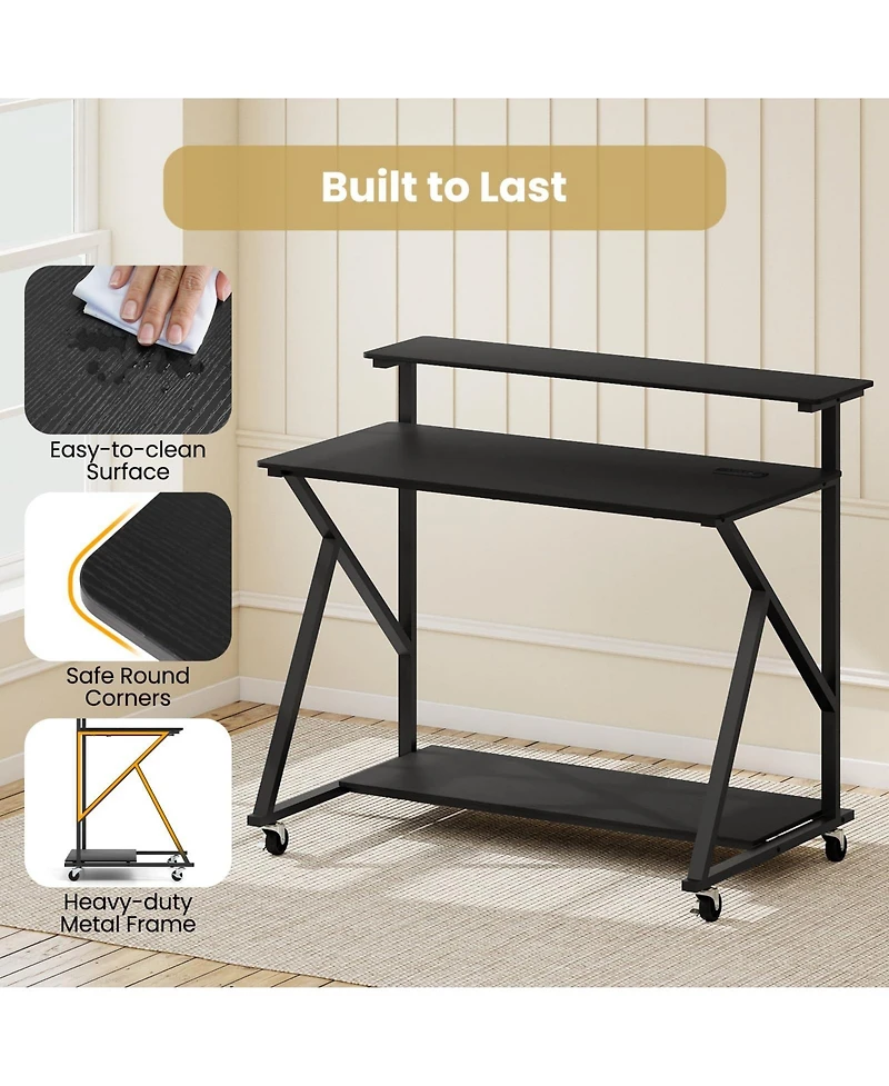 Mecale Rolling Computer Desk with Charging Station and Monitor Shelf, Home Office Storage Desk