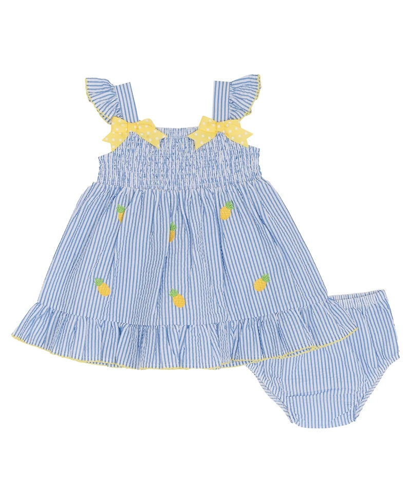 Rare Editions Baby Girls' Pineapple Schiffli Seersucker Square Neck Dress and Panty, 2-Piece Set