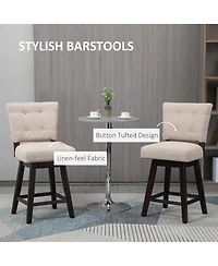Homcom Counter Height Bar Stools Set of 2, Fabric Tufted Swivel Barstools 26.5 Inch Seat Height with Rubber Wood Legs and Footrest for Dining Room, Ki