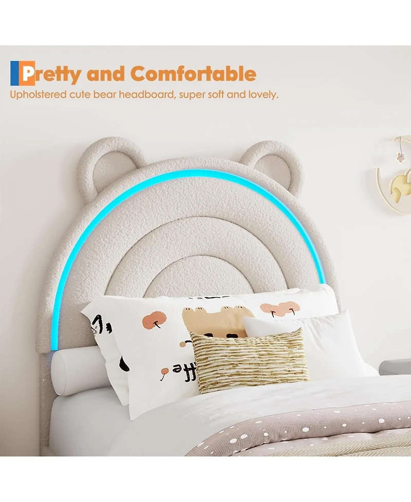 gaomon Twin Velvet Bed Frame for Girls, Upholstered Platform with Bear Headboard, Led Lights & 2 Storage Drawers