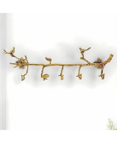 Yigii Brass Bird Decor Wall Hooks, 6 Hooks, 22in x 6.5in, Elegant Vintage Design