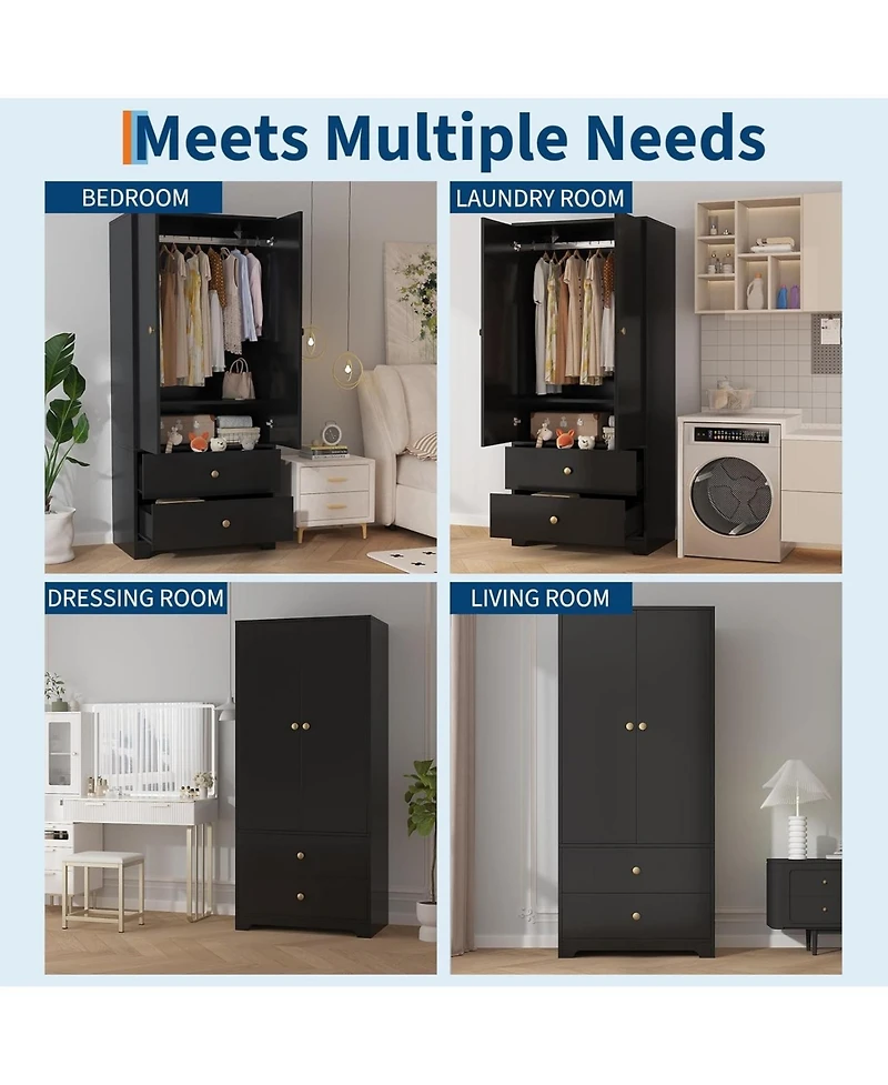 gaomon 71" Armoire Wardrobe Closet with 2 Drawers & Doors, Adjustable Shelves, Hanging Rod, Modern Bedroom Storage Cabinet