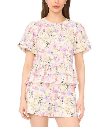 CeCe Women's Puff Sleeves Shirred Crew Neck Peplum Top