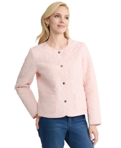 Jones New York Womens Quilted Flower Crew Neck Jacket