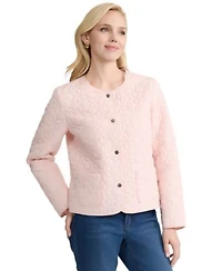 Jones New York Womens Quilted Flower Crew Neck Jacket