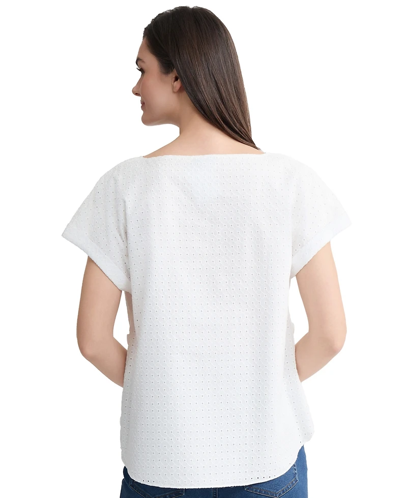 Jones New York Women's Eyelet Boat Neck Side Button Top
