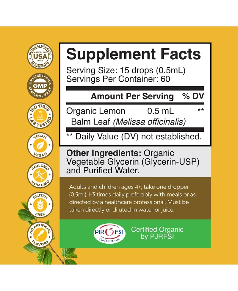 Organic Lemon Balm Liquid, Mood Support and Digestive Health, Nature's Craft, 30mL