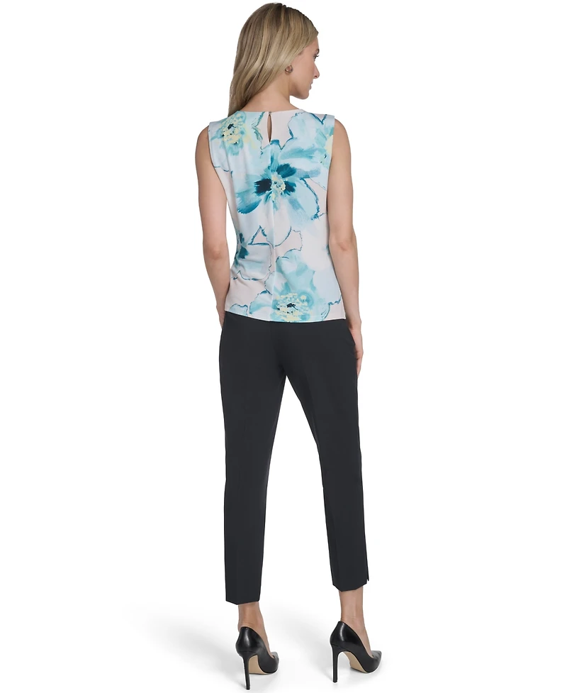 Calvin Klein Women's Printed Mesh Crewneck Ruched Top