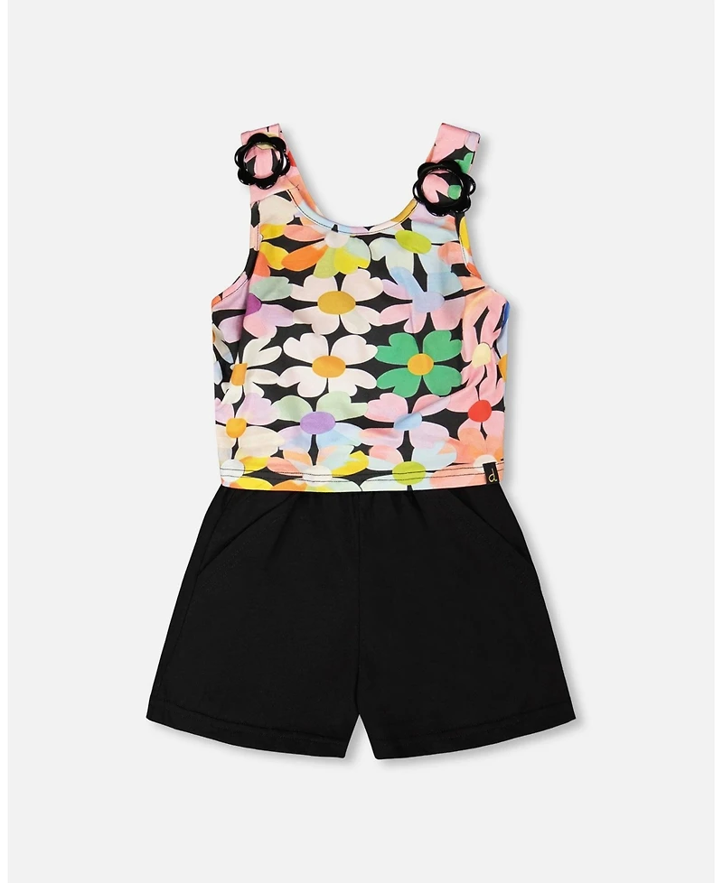 Draft - Deux par Toddler Girls Sleeveless Jersey Jumpsuit Printed Flowers
