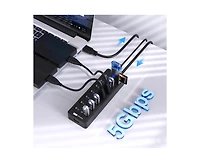 Risokeys 7-Port Usb 3.0 Hub, Individual Switches, 5Gbps High-Speed Data Transfer,for Laptop, Pc, MacBook,Ideal for Home, Office