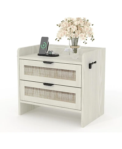 gaomon Boho Rattan Bedside Table with Type-c Charging Station, Nightstand with 2 Drawer Storage