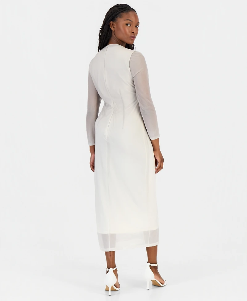 Anne Klein Petite Ruched Printed Mesh Midi Dress