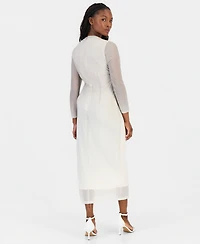 Anne Klein Petite Ruched Printed Mesh Midi Dress