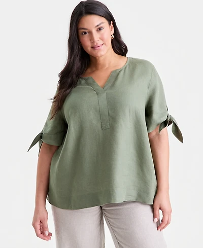 Charter Club Plus Linen Solid Split-Neck Tie-Cuff Top, Exclusively at Macy's