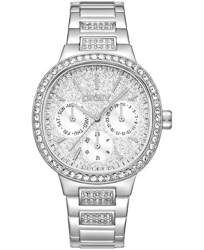 Dkny Women's Silver Crystal Covered Dial Crystal Bezel Stainless Steel Bracelet Multifunctional Watch, 36mm