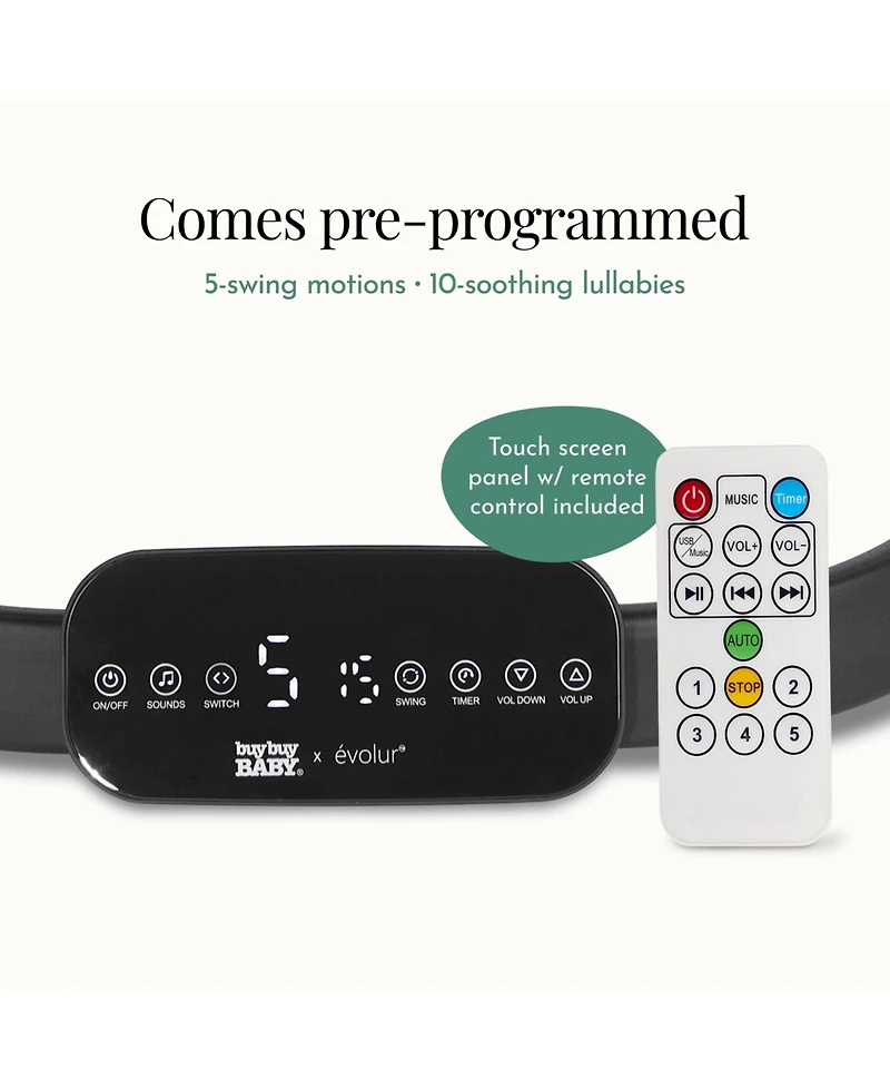 Evolur Baby Comfort Cocoon Smart Swing 0–24 Months with 5 Speeds, Remote & Tuya Control, Dual-Climate Seat Pad & 3 Point Harness