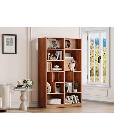 Aostirmotor Modern 2-in-1 Bookshelf Cat House: Litter Box Enclosure & Climbing Tree with Storage