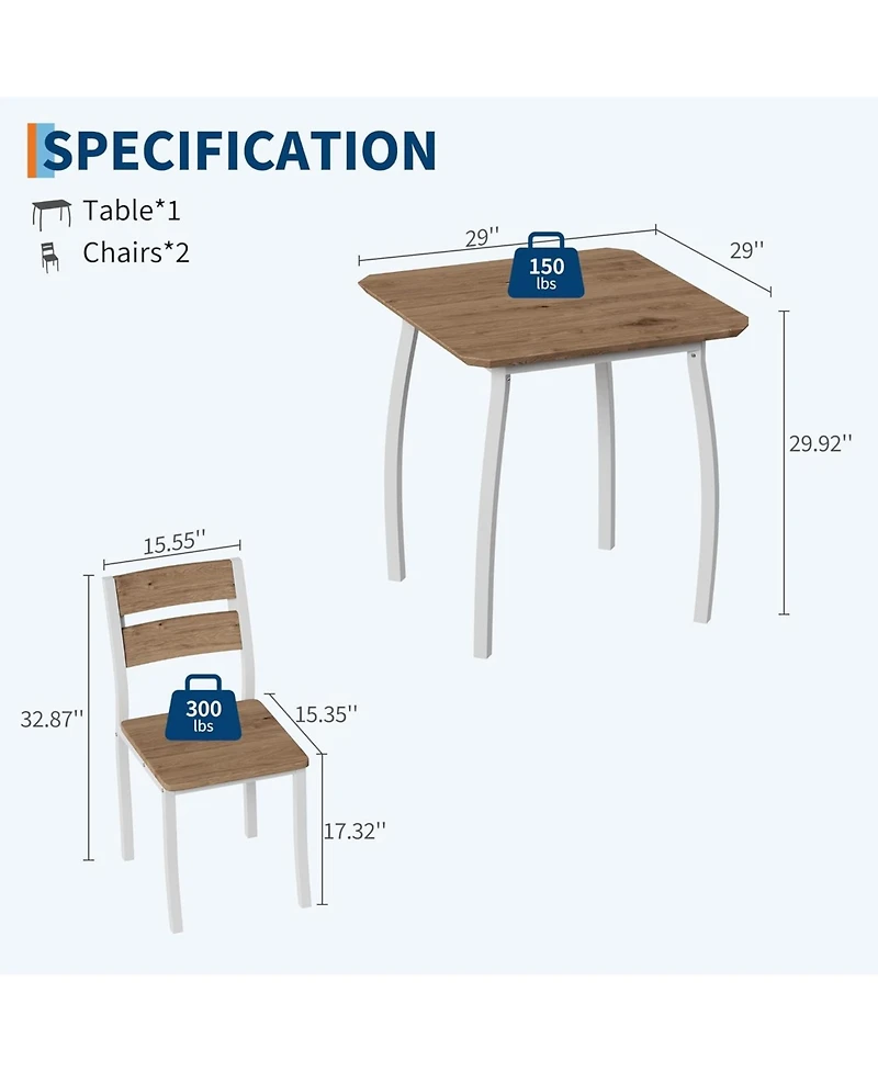 gaomon 3Pcs Dining Table Set for 2, Small Kitchen Table Set with 2 Upholstered Chairs and Metal Frame & Wood Tabletop, Apartment, Home Kitchen