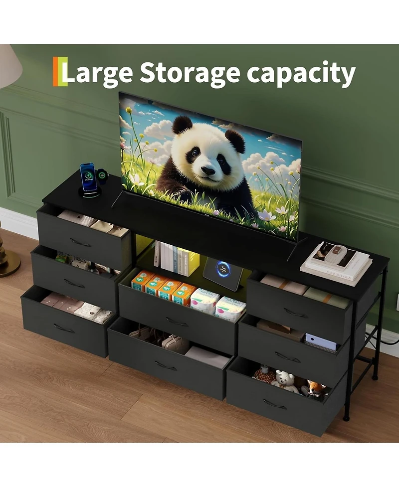 gaomon 63" w Led Tv Stand Dresser with 8 Fabric Drawers, Dressers & Chests of Drawers Tv Stand with Storage, Steel Frame & Led Lighting