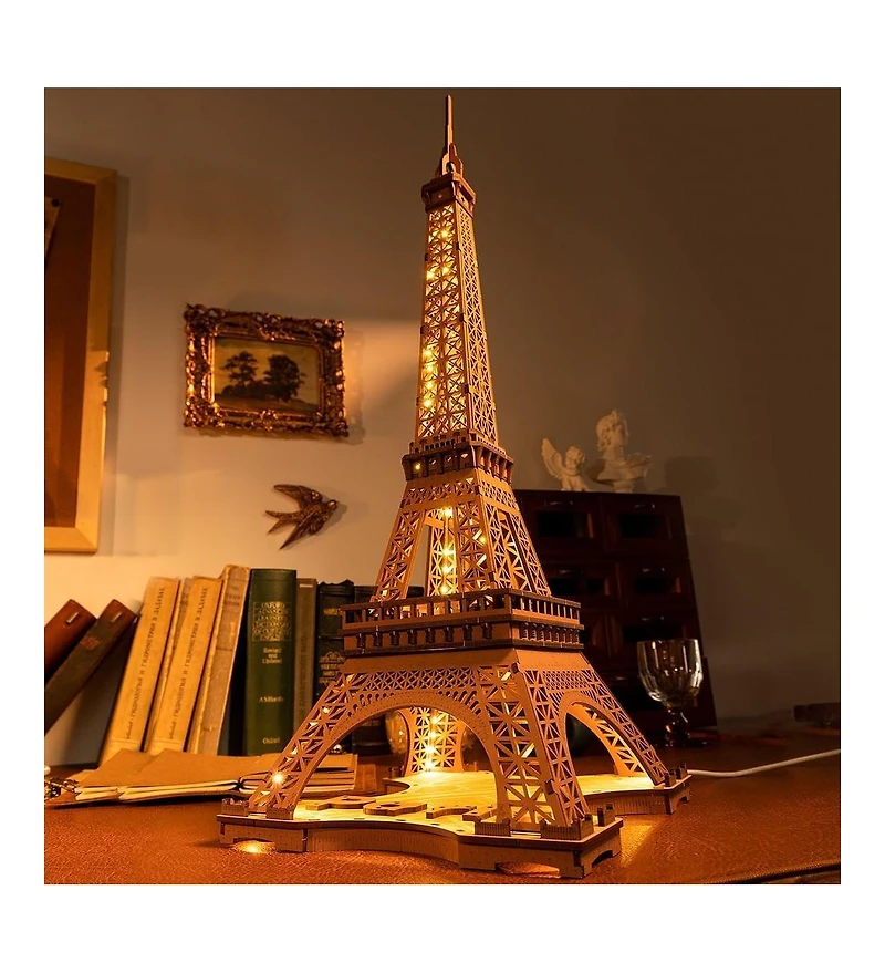 Robotime 3D Puzzle for Adults Diy Model Building Kit with Led Light Wooden Eiffel Tower Craft Kit Architecture Toy Set Brain Teaser Gifts for Friend
