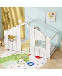 Slickblue Kids Twin Floor Bed, House-Shaped Design with Led Lighting