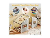 Slickblue Kids Twin Floor Bed, House-Shaped Design with Led Lighting