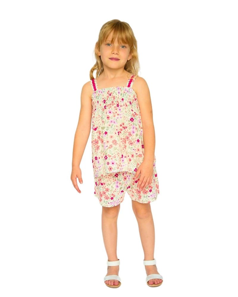 Deux par Deux Big Girls Tank Top with Smocking and Shorts Set in Muslin Off White Printed Flowers