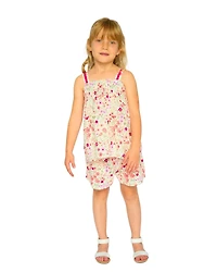 Deux par Deux Big Girls Tank Top with Smocking and Shorts Set in Muslin Off White Printed Flowers