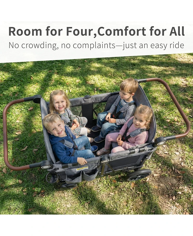 Kinder King All-Terrain 4-Seat Stroller Wagon with Canopy, Shock-Absorbing Wheels, Snack Tray, Storage Bag & Adjustable Handle