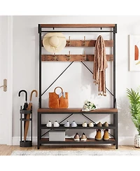 gaomon 72" Industrial Hall Tree with Shoe Bench, Storage Shelf & 8 Double Hooks for Entryway, Grey