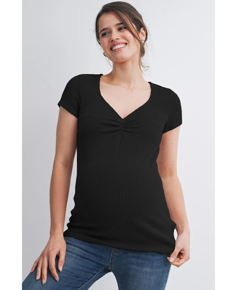 Hello Miz Maternity Ribbed Sweetheart Neck Short-Sleeve Top