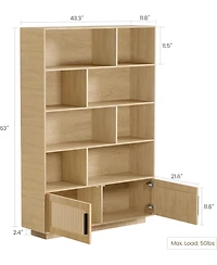 gaomon 5-Tier Boho Bookshelf – Wooden Bookcase with Rattan Doors, Tall Storage Book Stand, Large Freestanding Bookshelf for Living Room