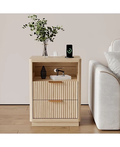 gaomon Fluted Nightstand with Charging Station, Mid Century Modern Fluted Nightstand