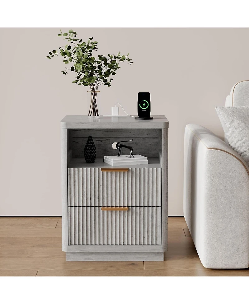 gaomon Fluted Nightstand with Charging Station, Mid Century Modern Nightstand