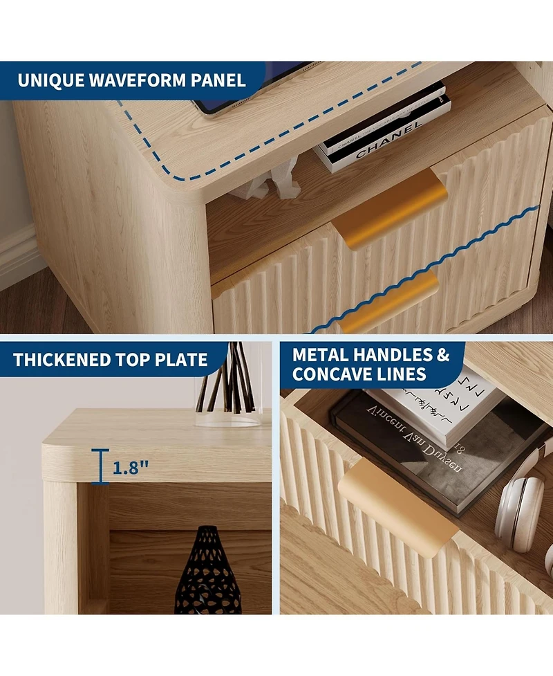 gaomon Fluted Nightstand with Charging Station, Mid Century Modern Fluted Nightstand