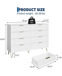 Fluted 8-Drawer Dresser for Bedroom, 55" Wide Modern Minimalist Chest of Wooden Drawers,Wide Clothes Storage Organizer