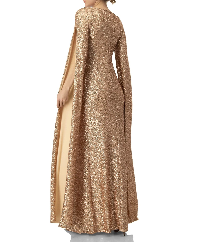 Ivonne Women's Long Sleeve V-Neck Sequin Evening Dress with Slit