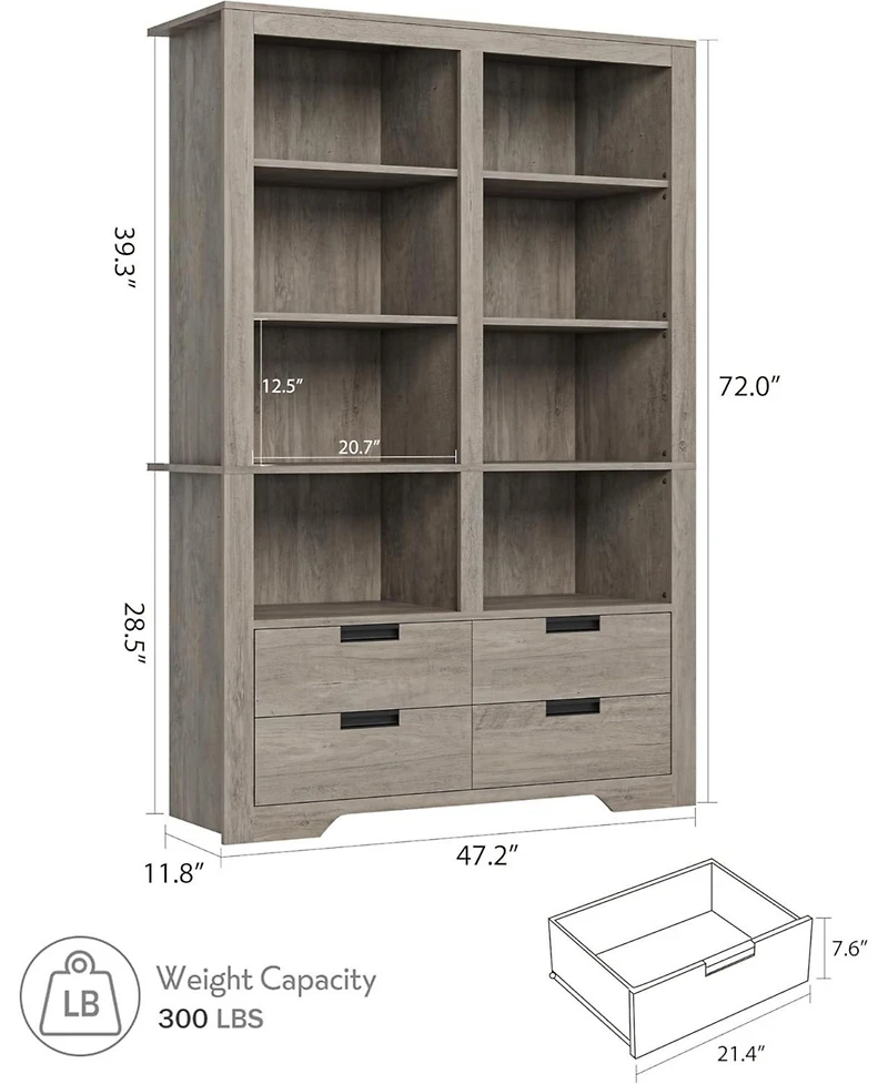 gaomon 72" Tall Bookshelf with 4 Drawers, Farmhouse 6-Tier Double Wide Bookcase Storage, Large Freestanding