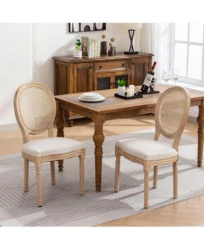 sumyeg French Style Solid Wood Frame Dining Chair with Linen Fabric Rattan Back Set of 2