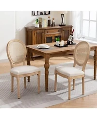 sumyeg French Style Solid Wood Frame Dining Chair with Linen Fabric Rattan Back Set of 2