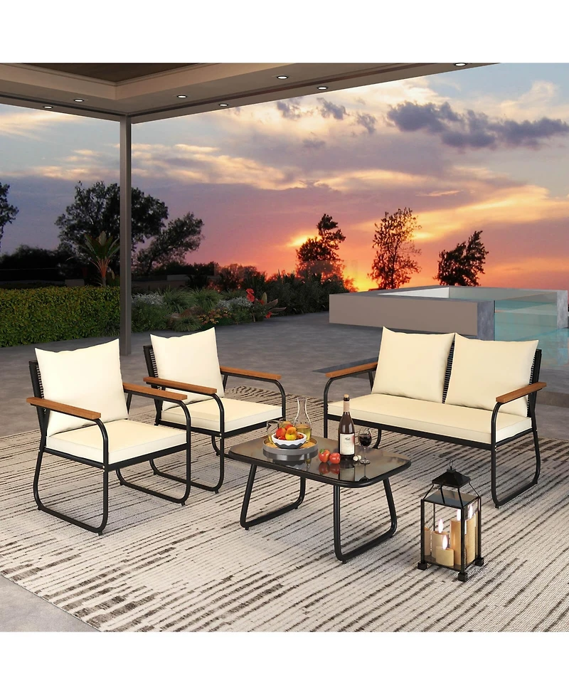 Patio Furniture Set with Tempered Glass Coffee Table Pe Wicker Rattan Chairs