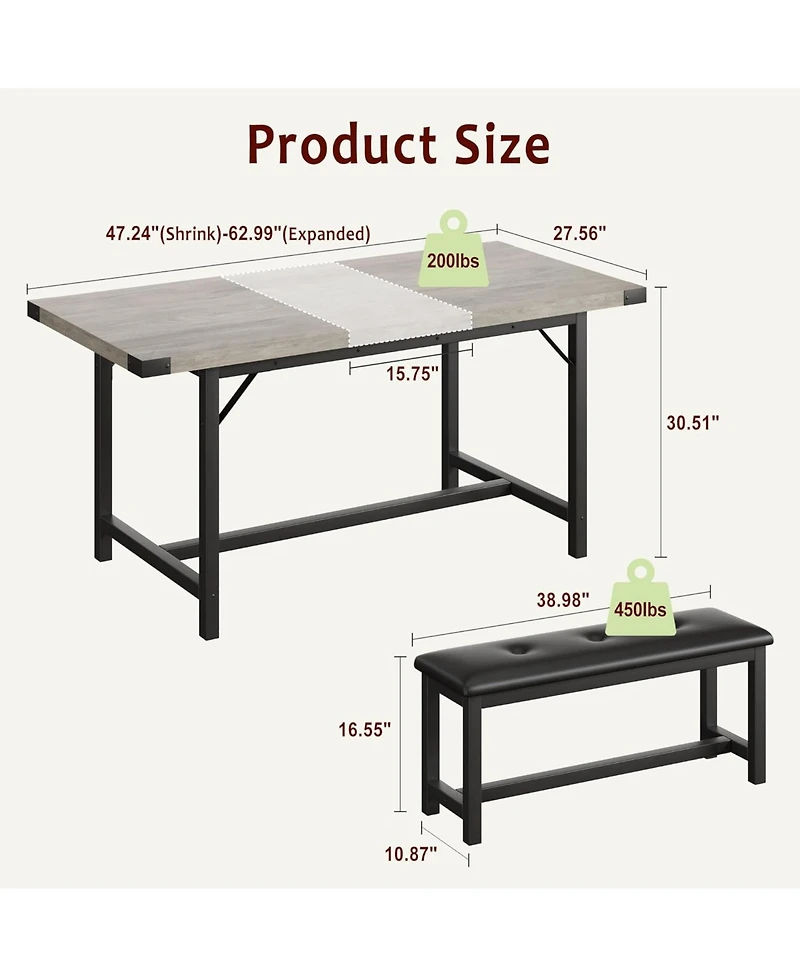 gaomon 3Pcs Dining Table Set for 4-6, 63" Extendable Thick Metal Frame Kitchen with 2 Upholstered Benches 6, Wooden Dinette