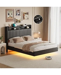 gaomon Upholstered Leather Led Light Charging Station Floating Bed Frame