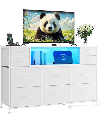 gaomon 10 Fabric Drawers Dresser, Entertainment Center Tv Stand with Power Outlet & Led Light for 45"-55" Tv, Chest of Drawers for Bedroom