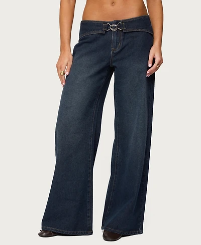 Edikted Women's Briah Belted Low Rise Wide Leg Jeans