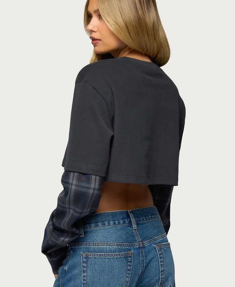 Edikted Women's Plaid Sleeves Layered Crop Top