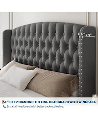 gaomon Tall Wingback Headboard Bed Frame - King Size Upholstered Platform, Soft Tufting, Sturdy Wood Slats