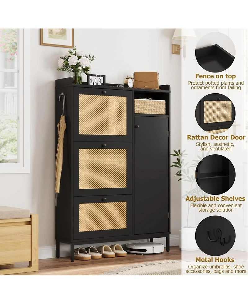 gaomon Shoe Cabinet Rattan with 3 Flip Drawers and 4-Tier Shoe Storage Cabinet, Freestanding Shoe Organizer with Adjustable Shelves for Entryway