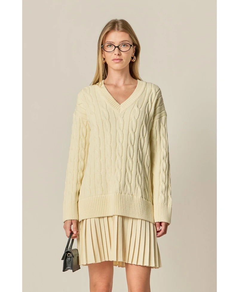 English Factory Women's Mixed Media Pleated V Neck Mini Dress