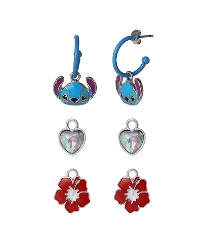 Disney Stitch Charm Hoop Earring Set, 1 Hoop with 3 Interchangeable Charms, Silver Tone